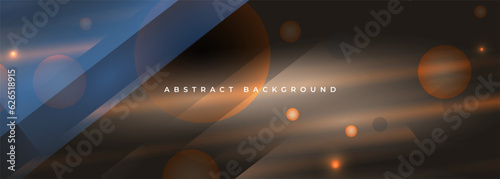 Dark brown and blue wide abstract background with transparent geometric circles and lines. Vector illustration