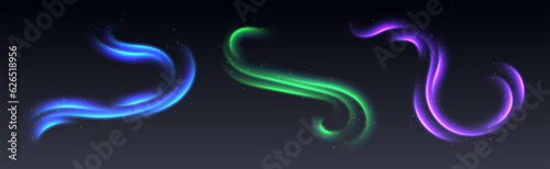 Northern lights or aurora borealis overlay, colorful luminescent trails with sparkles. Speed lines, motion effect. Glowing twirls and swirls with stars. Vector decoration.