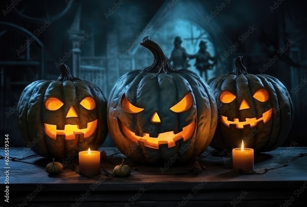Dark halloween pumpkin with candles in a tenebrous place. Generative AI Dark halloween pumpkin with candles in a tenebrous place. Generative AI