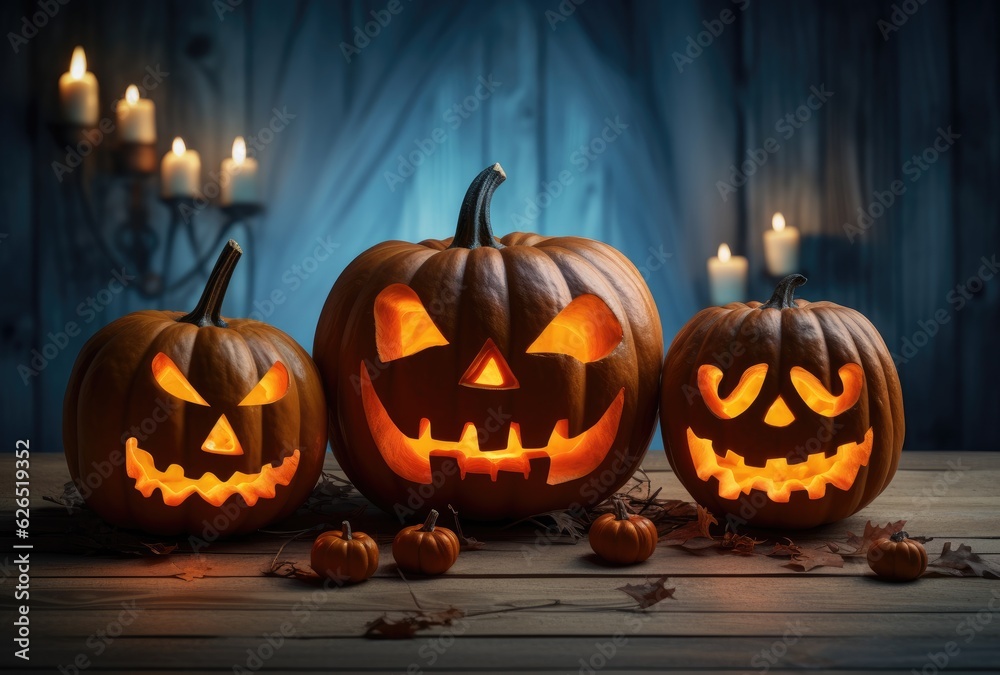 Dark halloween pumpkin with candles in the fireplace. Decoration at home. Generative AI Dark halloween pumpkin with candles in the fireplace. Decoration at home. Generative AI