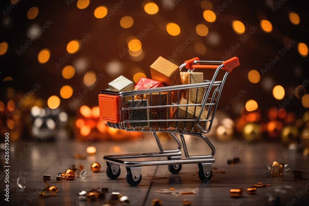 Shopping cart filled with different presents for Chirstmas. Generative AI Shopping cart filled with different presents for Chirstmas. Generative AI