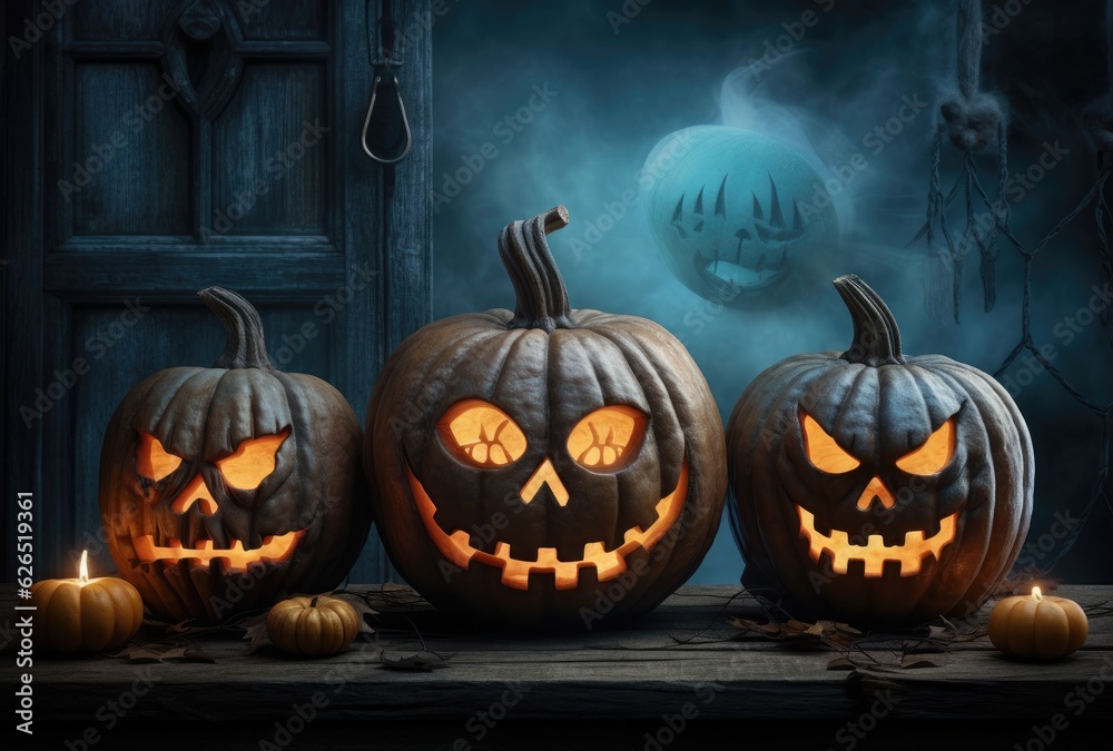 Dark halloween pumpkin with candles in a tenebrous place. Generative AI Dark halloween pumpkin with candles in a tenebrous place. Generative AI