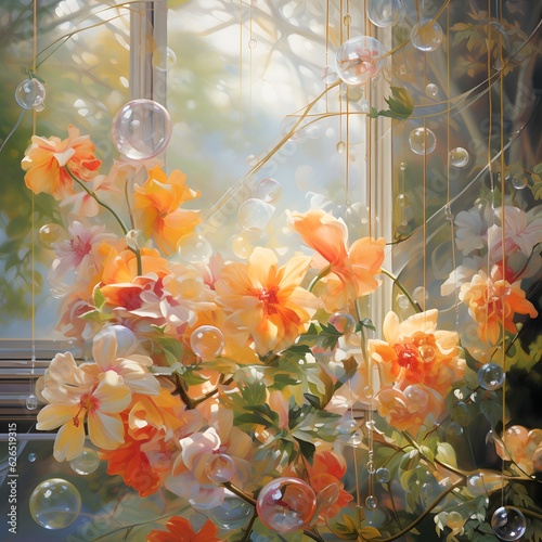 Softly pastel colorful flowers in vase on window in spring time with foam balloons floating in the air. photo