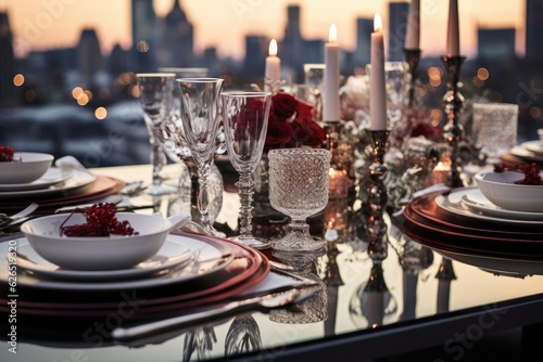 Elegant Christmas dinner table with elegant candles, glasses, and plates. Gemerative AI