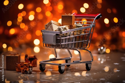 Shopping cart filled with different presents for Chirstmas. Generative AI