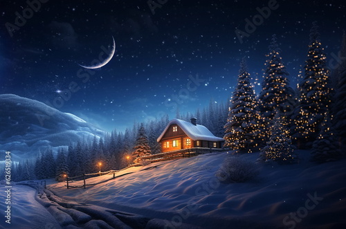 Foto winter forest , blue night ,starry sky, full moon Christmas trees ,wooden cabin