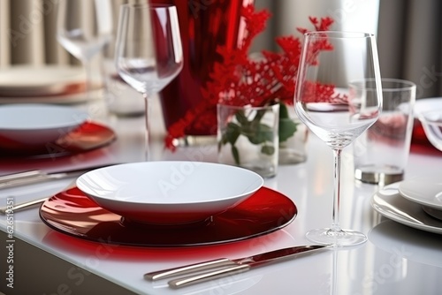 Elegant Christmas dinner table with elegant candles, glasses, and plates. Gemerative AI
