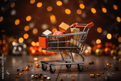 Shopping cart filled with different presents for Chirstmas. Generative AI