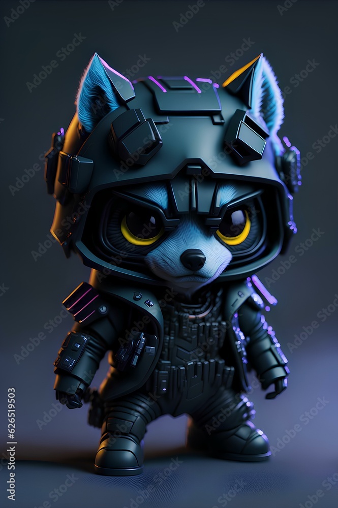 Hyperrealistic futuristic raccoon soldier in a cyberpunk jacket, computer game character Hyperrealistic futuristic raccoon soldier in a cyberpunk jacket, computer game character