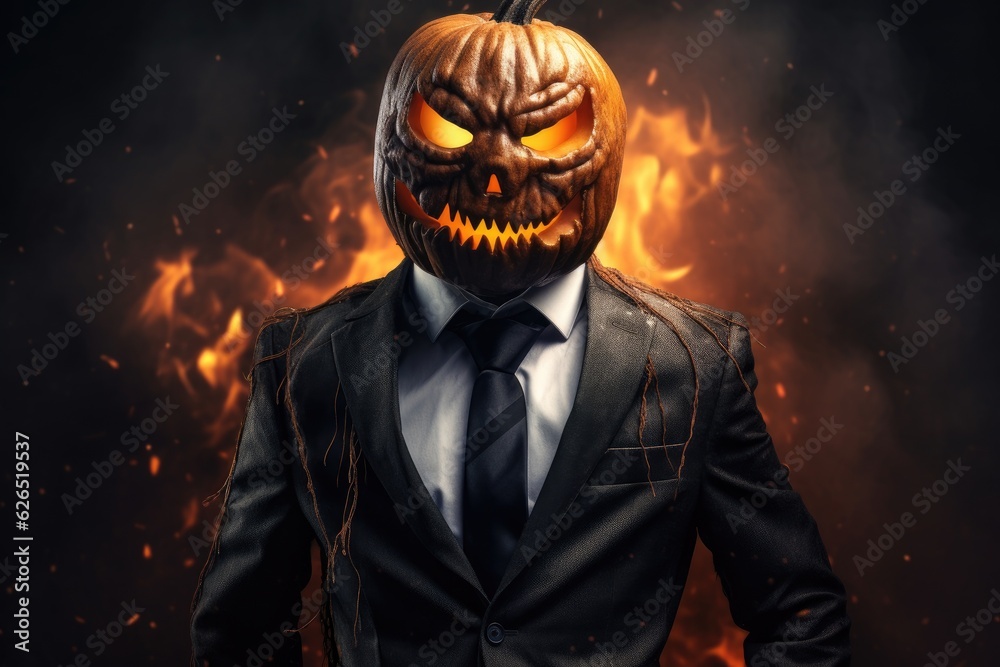Halloween pumpkin wearing a black suit. Generative AI Halloween pumpkin wearing a black suit. Generative AI