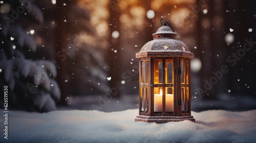 Christmas lantern with burning candle in winter. Generative AI. © Gelpi
