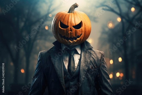 Halloween pumpkin wearing a black suit. Generative AI photo