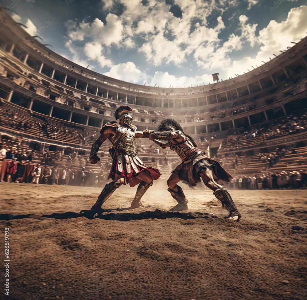 Spartacus and Gladiator fight in the Arena of the Colosseum ai art Spartacus and Gladiator fight in the Arena of the Colosseum ai art