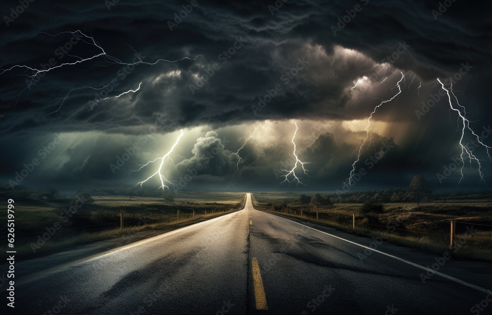 Powerful Lightning on a Winding Asphalt Road