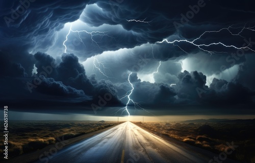 Vivid Lightning Flashes on an Asphalt Road