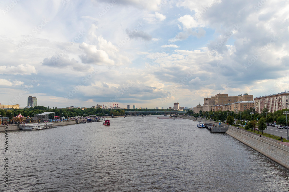 Moscow, Russia - 07.09.2023 - Shot of the Moscow river. Outdoors