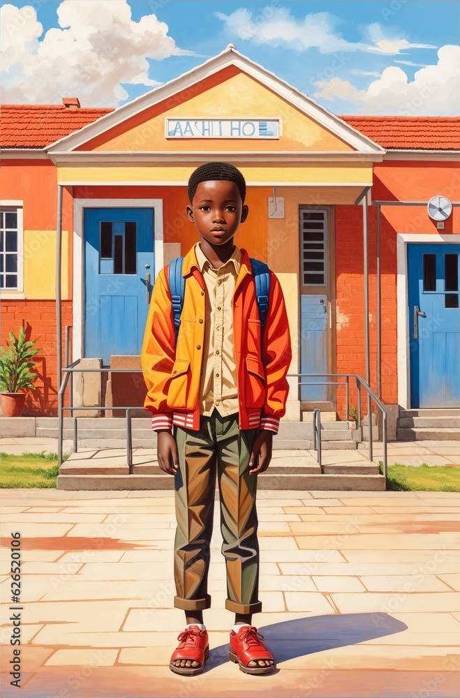 Back to school: Happy afro schoolboy, backpack, first day | Generative AI