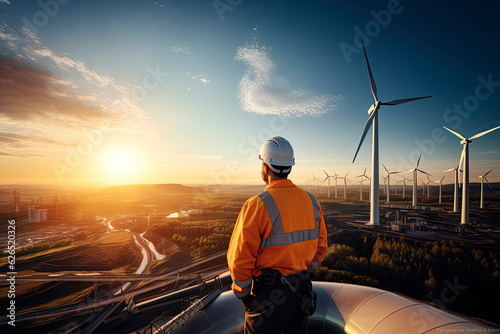 an engineer stands on top of a windmill and looks at a beautiful sunset landscape.