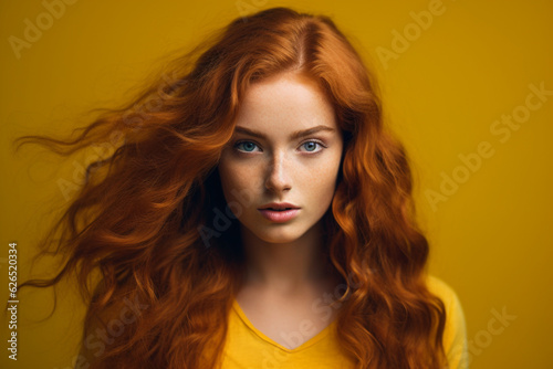 Studio Portrait Of Beautiful Redhead Girl Against The Yellow Background, dark light photography