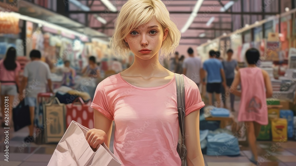 blonde in pink on shopping
