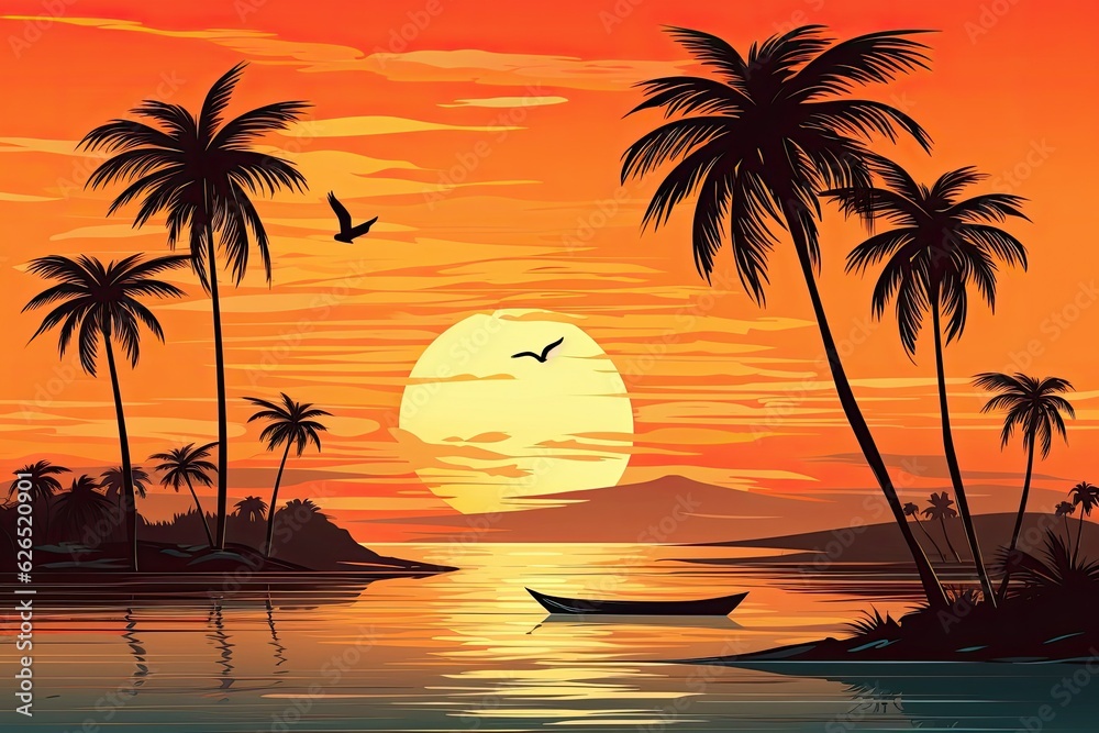 A bird flies over a boat near palm trees at sunset. (Generative AI)
