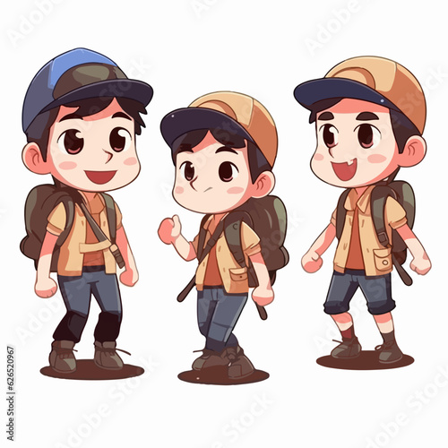 Cartoon boy adventurer, dressed for adventure, vector illustration, child pose. photo