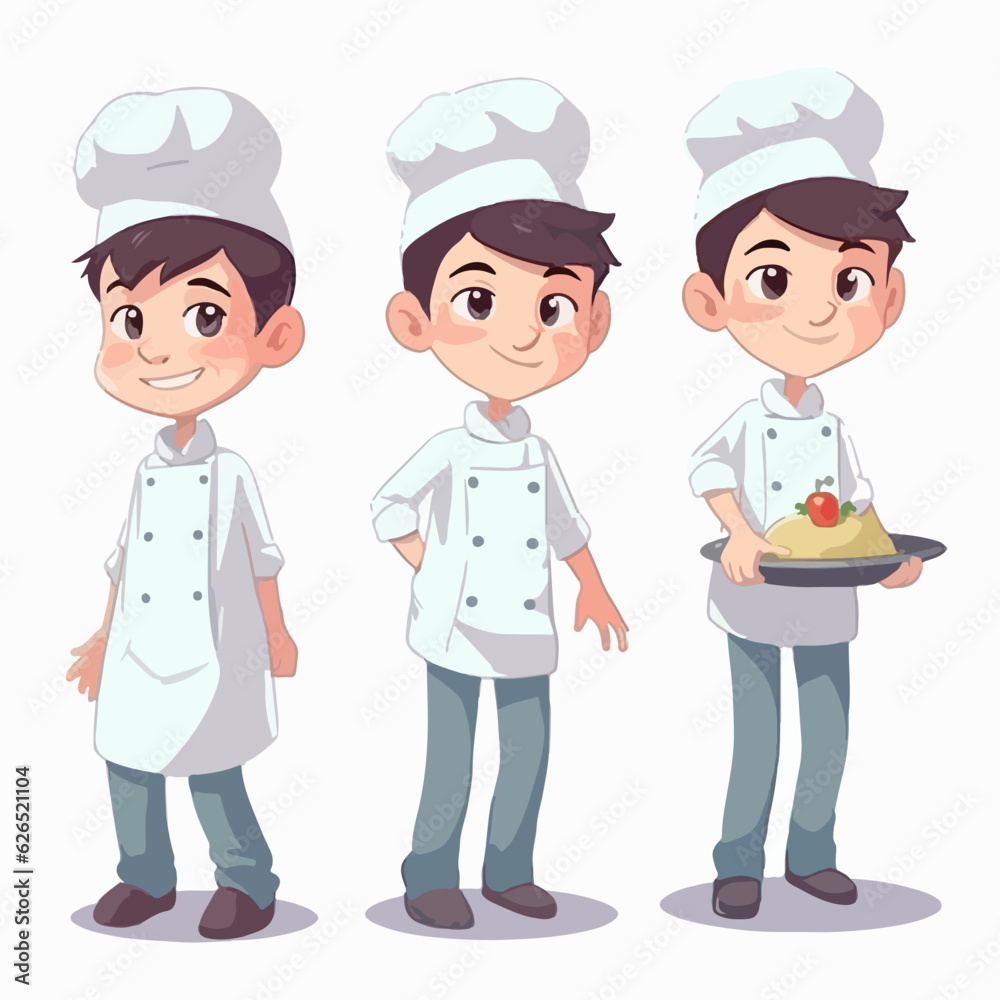 Boy in chef attire, cartoon illustration, vector pose, young child.