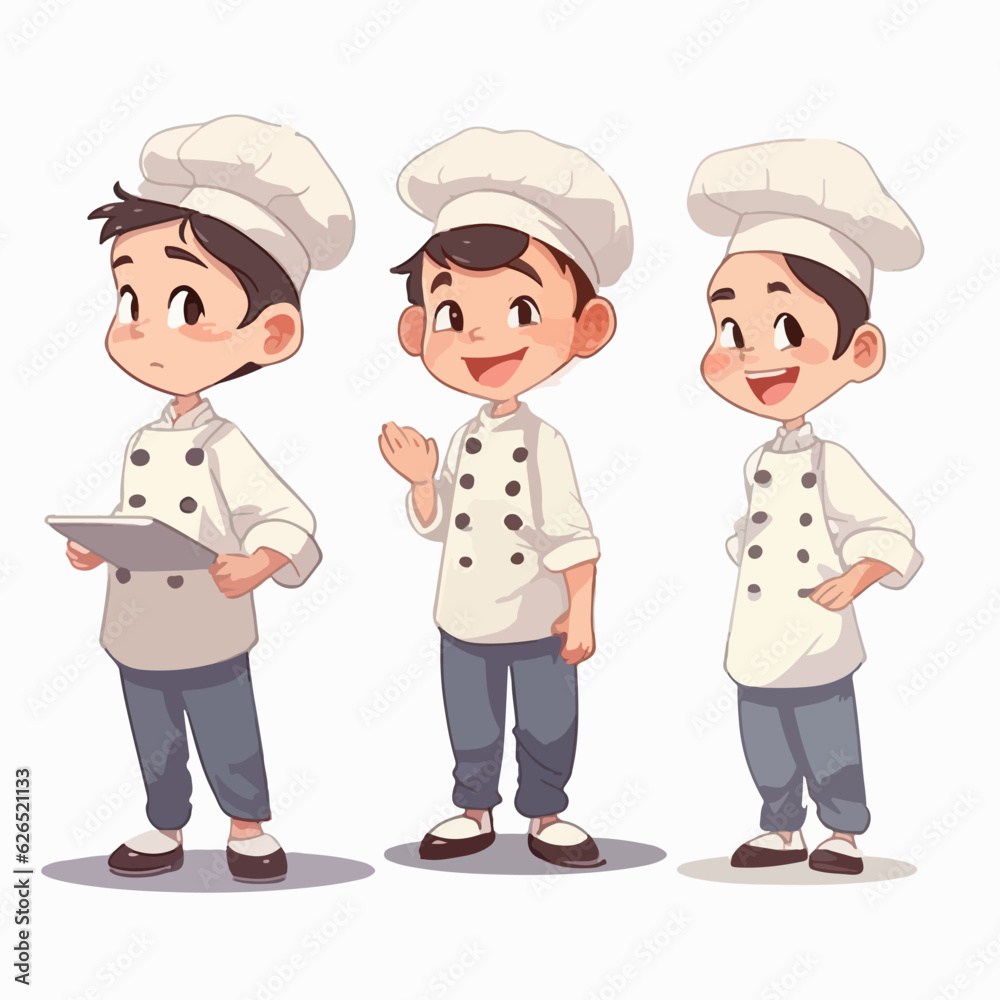 Chef kid in chef's clothes, cartoon illustration, young boy, multipose. Chef kid in chef's clothes, cartoon illustration, young boy, multipose.