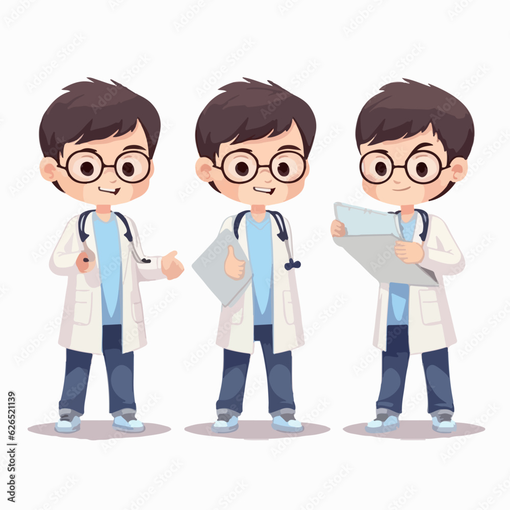 Doctor boy with medical attire, vector pose, young kid, cartoon style. Doctor boy with medical attire, vector pose, young kid, cartoon style.