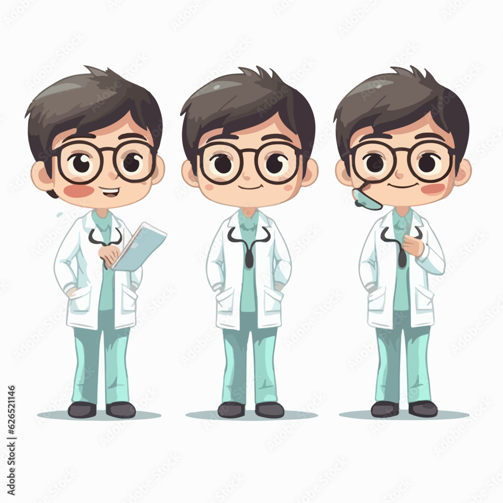 Doctor kid with medical outfit, vector pose, young boy, cartoon style. Doctor kid with medical outfit, vector pose, young boy, cartoon style.