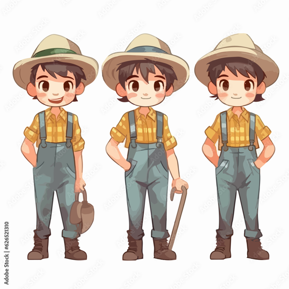 Farmer kid in agricultural clothes, vector pose, young boy, multipose.