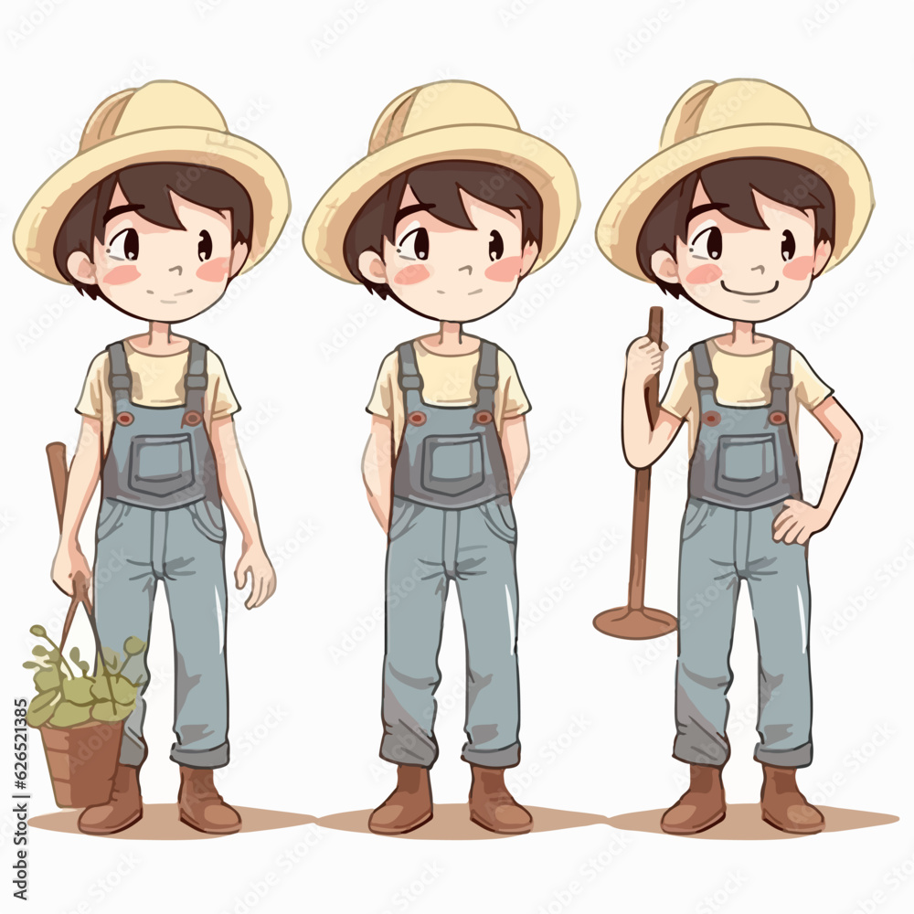 Farmer boy with agricultural outfit, vector pose, little child, cartoon illustration. Farmer boy with agricultural outfit, vector pose, little child, cartoon illustration.