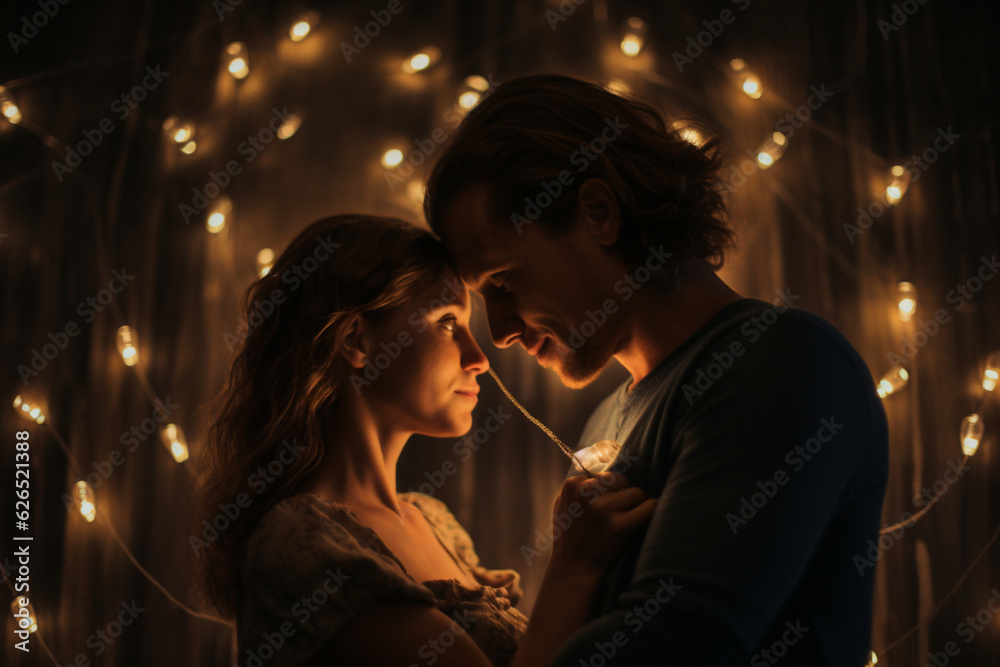 Romantic couple holding fairy lights in dark room, dark light photography