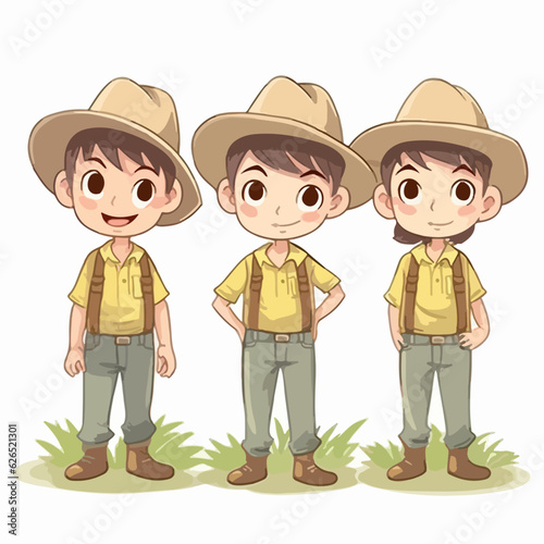 Farmer kid in farmer's clothes, vector pose, young boy, multipose.