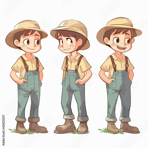 Vector illustration of a young farmer boy, dressed for farming, cartoon pose.