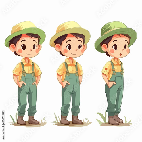 Farmer boy dressed in farming attire, vector illustration, young kid, multipose.