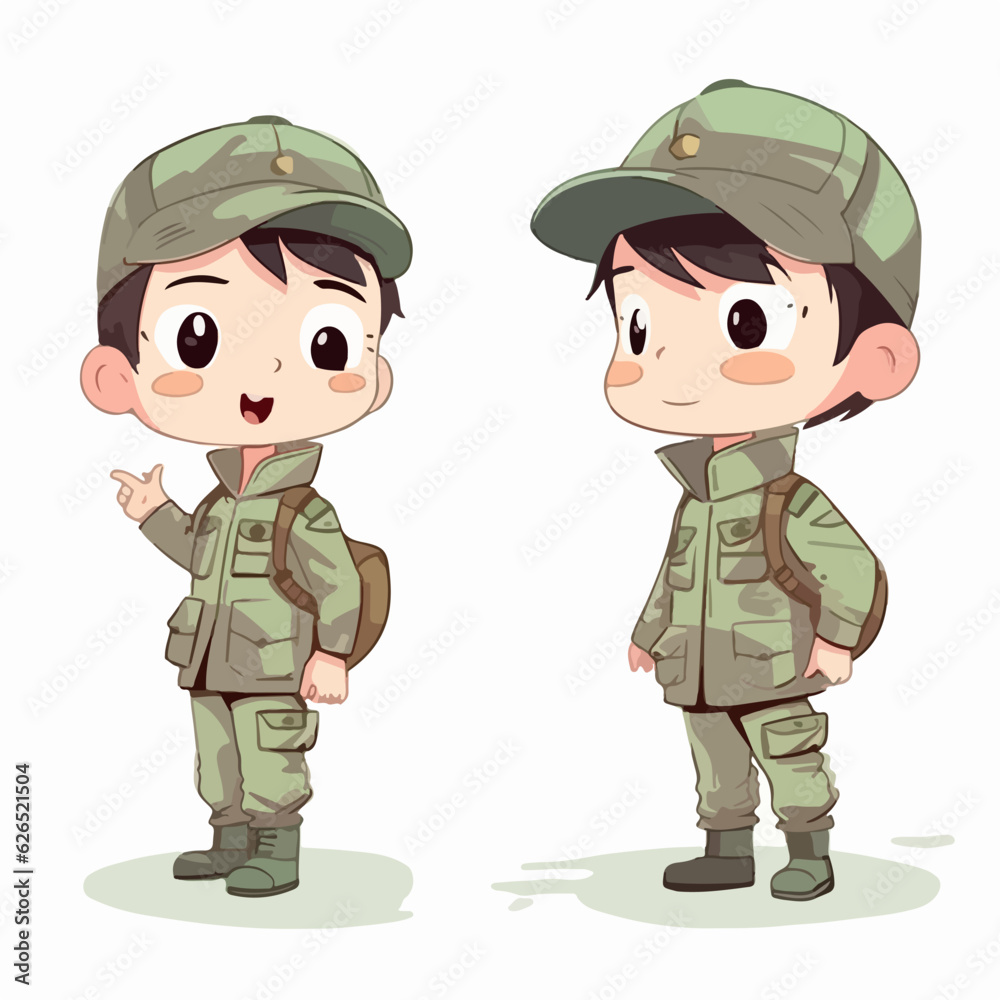 Vector illustration of a young military boy, dressed for service, cartoon pose. Vector illustration of a young military boy, dressed for service, cartoon pose.
