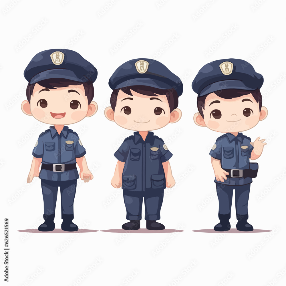 Police kid wearing officer gear, vector cartoon, little boy, multipose. Police kid wearing officer gear, vector cartoon, little boy, multipose.