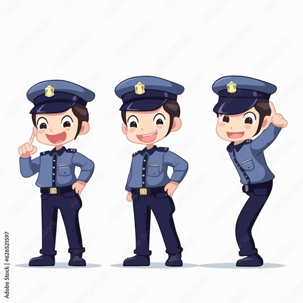 Police boy with uniform, vector pose, little child, cartoon illustration.