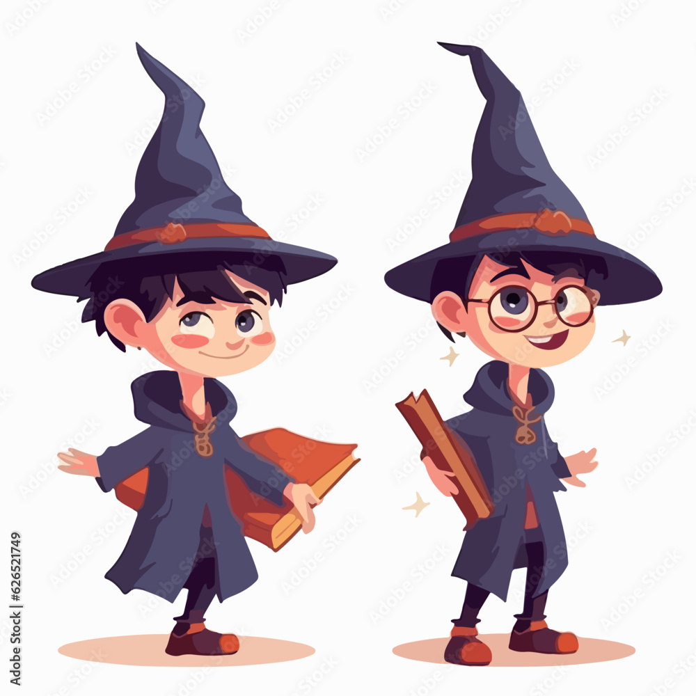 Wizard boy dressed in magical attire, vector illustration, young kid, multipose.