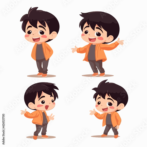 Popstar kid wearing fashionable gear, vector cartoon, little boy, multipose.