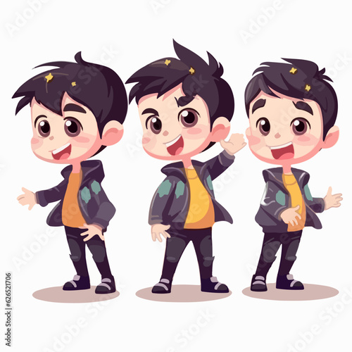 Popstar kid in fashionable clothes, cartoon illustration, young boy, multipose.