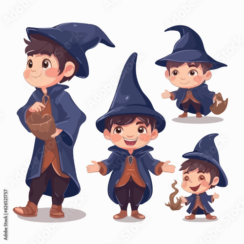 Wizard boy wearing magical garb, vector cartoon, young kid, multipose.