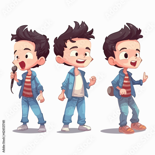 Popstar kid in trendy clothes, cartoon illustration, young boy, vector pose.