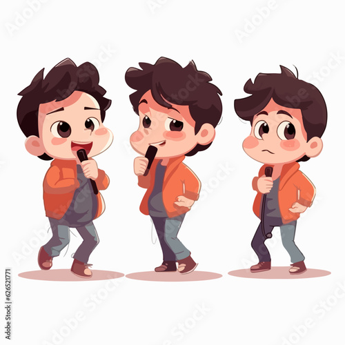 Boy in popstar attire, cartoon illustration, vector pose, young child.