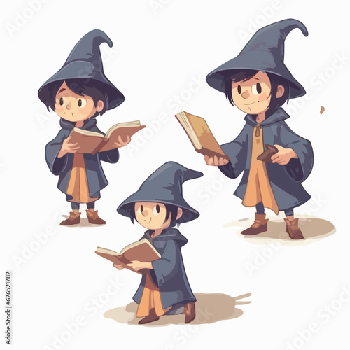 Boy wizard dressed in magical gear, vector cartoon, young child, cartoon style.