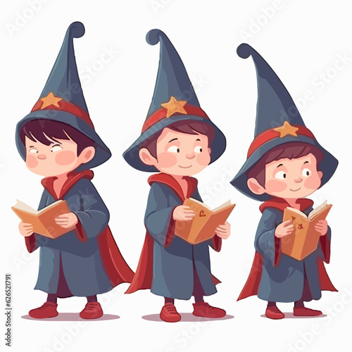 Wizard kid in sorcerer's clothes, cartoon illustration, young boy, multipose.