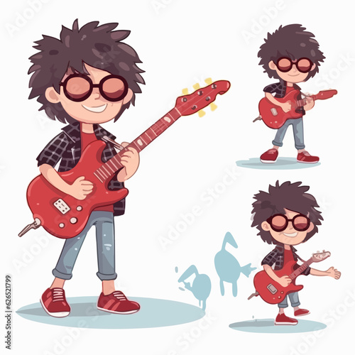 Rockstar boy dressed in edgy attire, vector illustration, young kid, multipose.