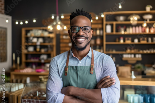 Business, people and lifestyle concept, Portrait of handsome African American man cross hands on chest and smiling pleased, own small shop, manage store with help of employees, white background © alisaaa