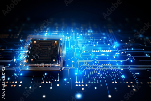 Circuit board for a futuristic chipset processor with a blue abstract technological background. cloud computing with artificial intelligence and blockchain technology.
